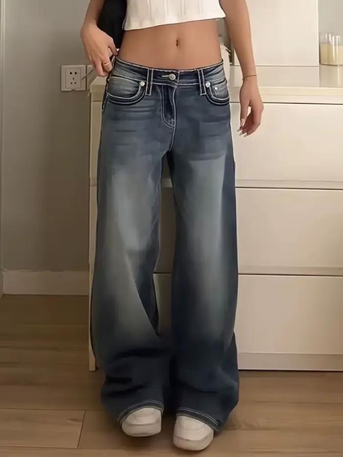 HOUZHOU Vintage broderie jean femmes Y2k Harajuku Baggy bleu lavé Denim pantalon rétro Streetwear taille haute jambe