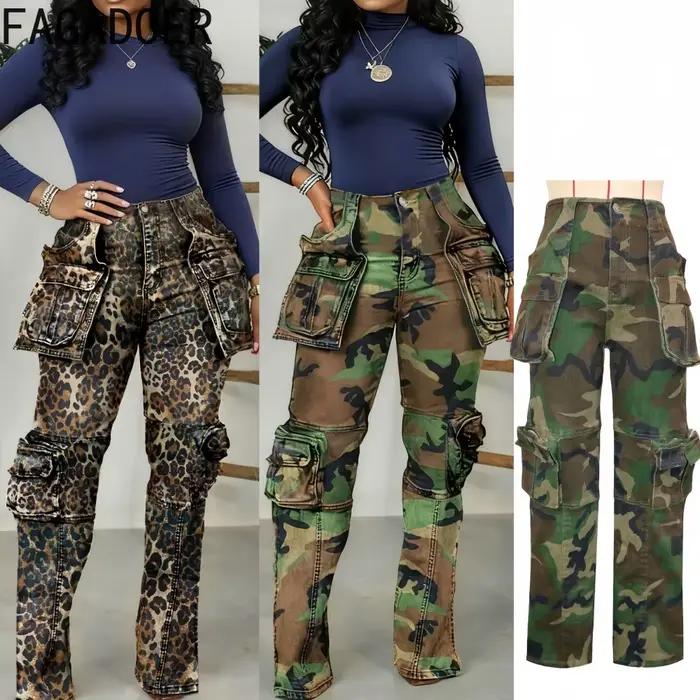 FAGADOER mode Camouflage Denim pantalon pour femme Cargo poche Patchwork