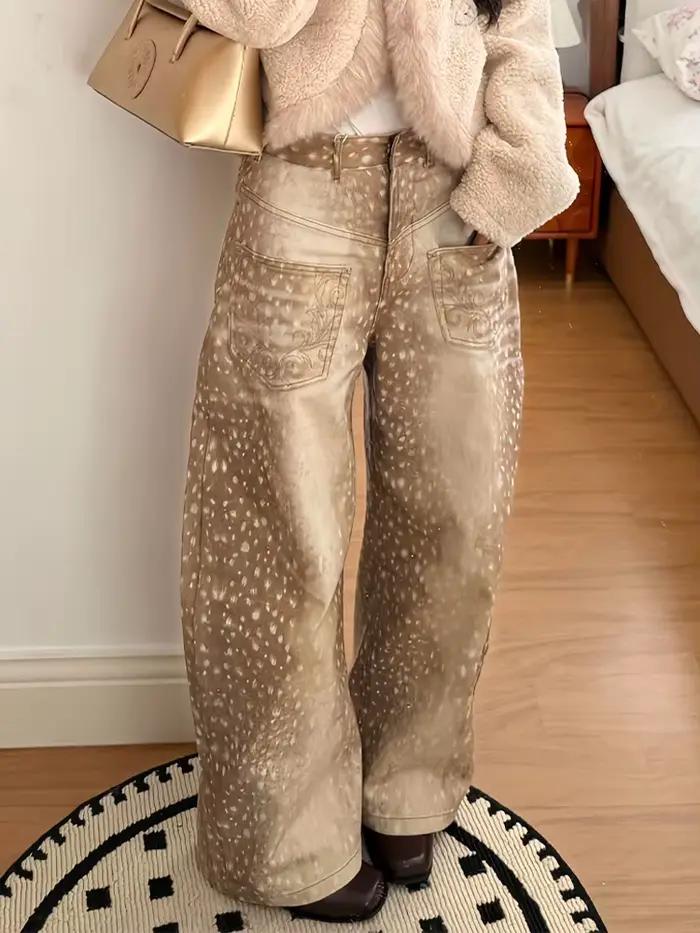 Jeans à pattes larges et courbes à imprimé cerf rétro américain Y2K pour la mode de rue féminine