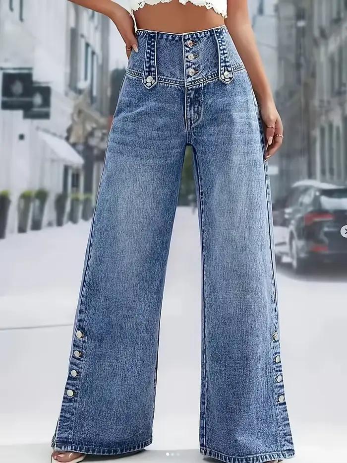 Jeans à jambes larges taille haute bleu pour femmes Mode Multi-boutons devant Détail à pression latérale Pantalon en denim Tenue décontractée pour les rendez-vous quotidiens