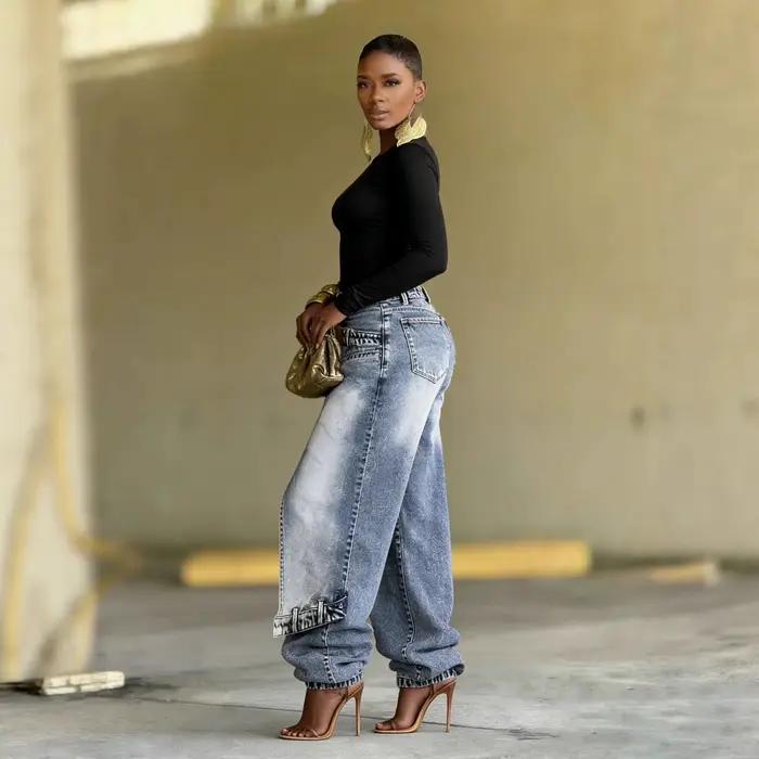 Jeans Femme Vintage Coupe Large Denim Délavé Patchwork Pantalon Droit Effet Usé Occasions Spéciales Style Streetwear