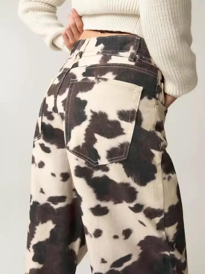 HOUZHOU Vintage vache imprimé jean femmes Y2k Baggy Hip Hop lavé Denim pantalon Grunge rétro Streetwear jambe large
