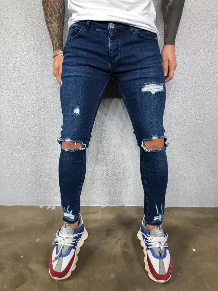 Mode rue Style genou déchiré jean moulant hommes Vintage lavage solide Denim pantalon