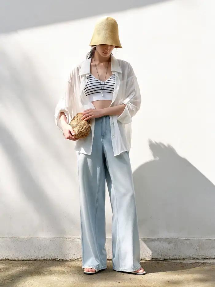 DUSHU jean de couleur claire été 2025 nouveau Style à la mode tout-match taille haute rayé couture pantalon droit 25DS82744