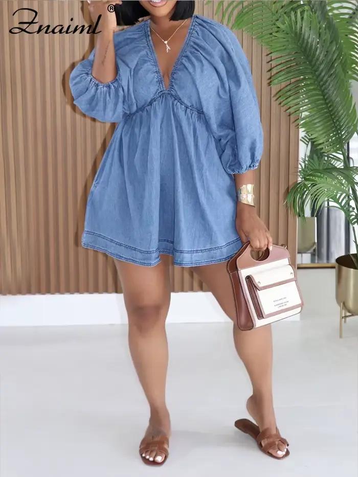 Robe en jean Znaiml bleu clair col en V manches bouffantes volants mini pour femmes style de rue printemps automne sortie décontractée plage vacances