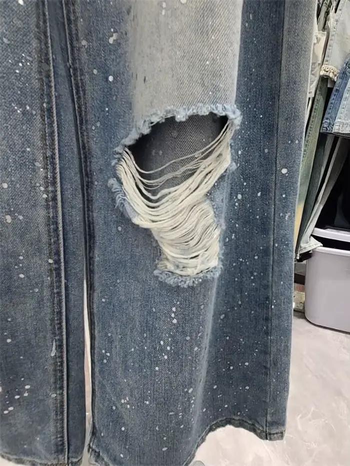 Jeans à trous cassés rétro américain pour femmes, taille haute, jambes larges, robustes et confortables pour diverses occasions