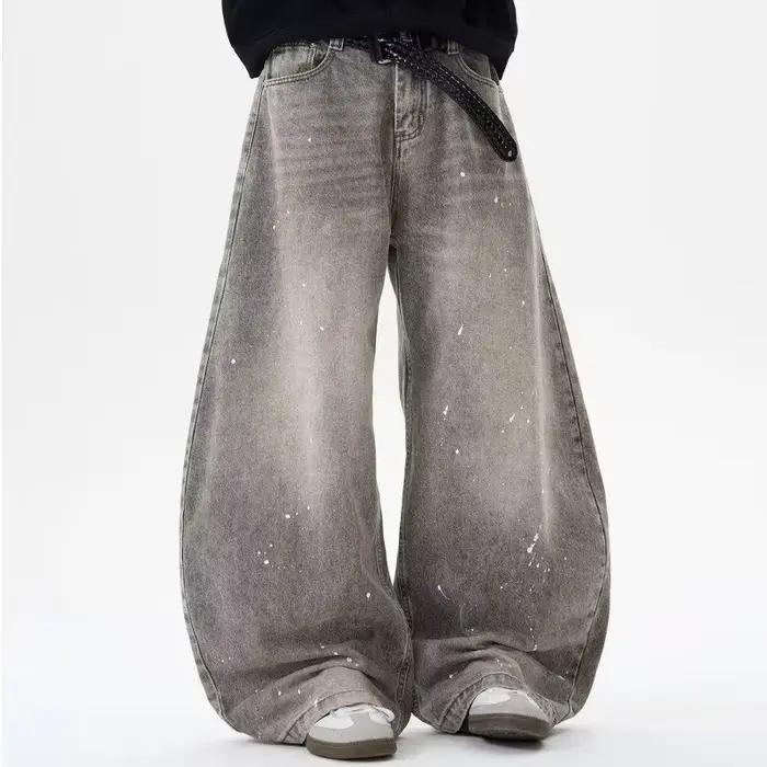 Printemps et automne rétro lavé Vintage gris Splash encre couteau incurvé jean pour hommes et femmes marque à la mode américaine rue lâche P
