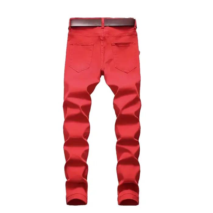 Jean déchiré rouge hip-hop pour hommes, coupe slim, trous stratégiques, décontracté, extensible, coton et spandex, printemps et automne, occasion quotidienne