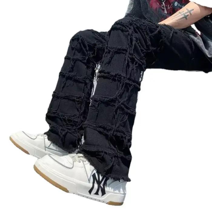 Jeans délavés pour hommes, style hip-hop rétro, denim vintage, coupe droite, ajustement confortable, fermeture bouton volant, polyester coton, adapté aux quatre saisons