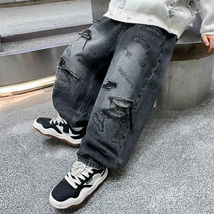 American Kids Vintage Jean Baggy délavé et en détresse pour adolescents High Street Pantalon en Denim déchiré décontracté pour enfants de 5 à 14 ans