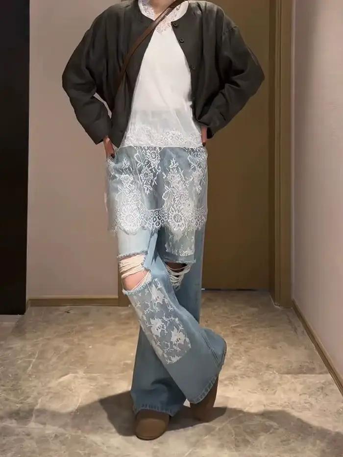 Nicemix été américain ample décontracté dentelle Patchwork déchiré jean pour femmes épicé fille rétro lavé taille haute jambe large pantalon