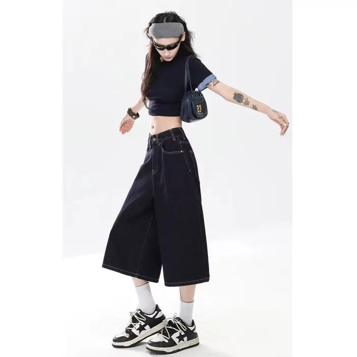 Jean en denim rétro américain taille haute coupe droite drapé pour femme