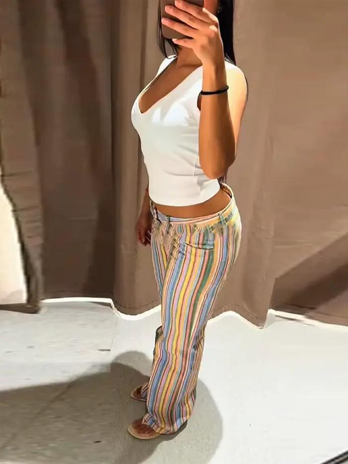 Pantalon large en jean tressé à rayures colorées effet arc-en-ciel taille basse coupe droite pour femme – Collection Printemps-Été 2026 Chic et Décontracté