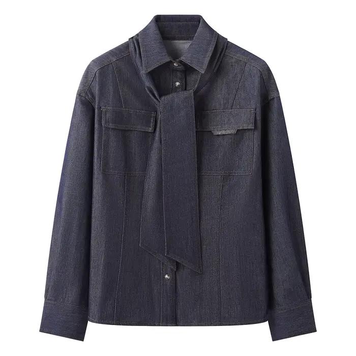 Veste en jean pour femme à manches longues automne conception multi-poches avec détail de nœud vêtements d'extérieur