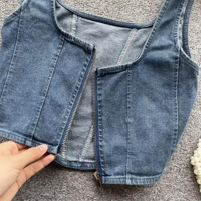 Débardeur en Denim à Fermeture Éclair pour Femme