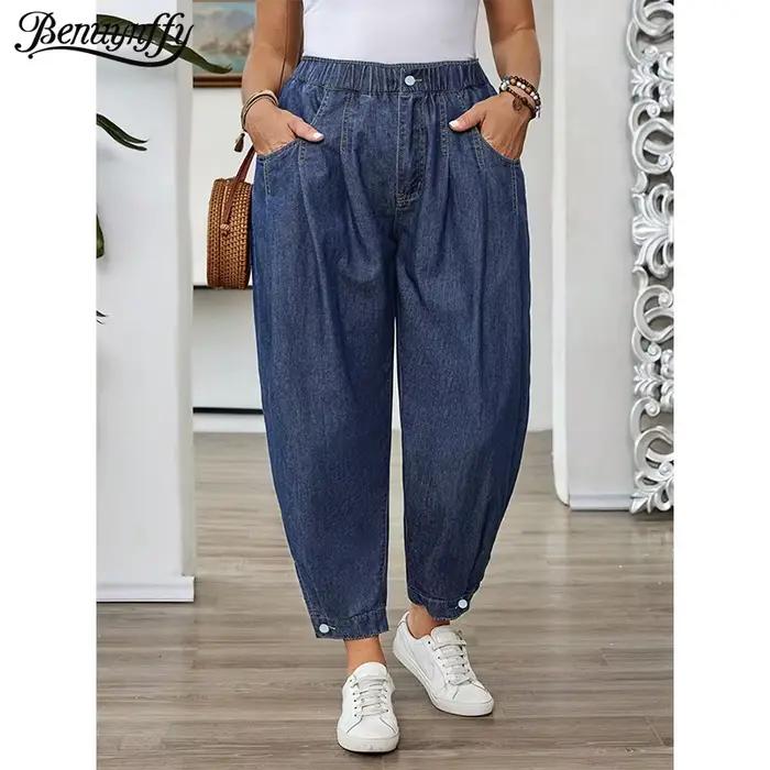 Benuynffy – Jean Lanterne Bleu Délavé Vintage Grande Taille pour Femme