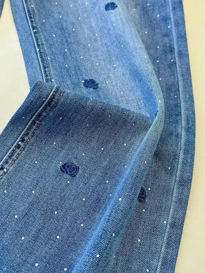 Rose brodé diamant chaud jean américain rétro bleu ample jambe large pantalon 2025 nouvelles femmes taille haute mince
