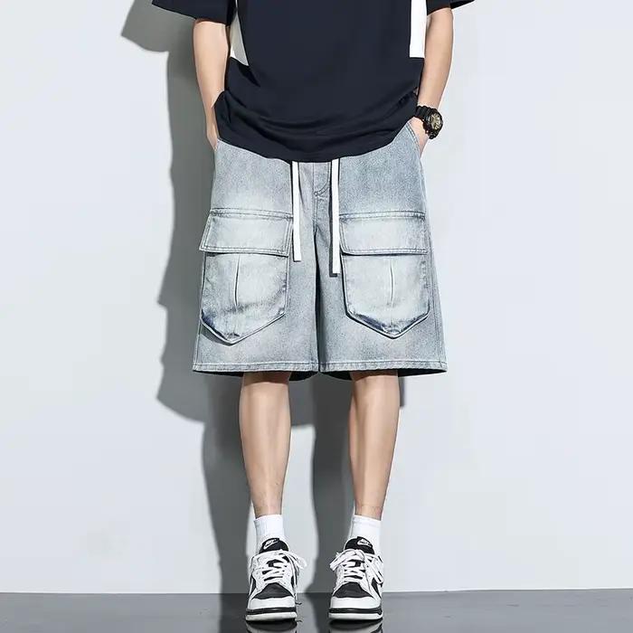 Bermuda hommes Denim Shorts été nouvelle mode jean ample décontracté Vintage cordon Cargo pantalon court mâle Streetwear