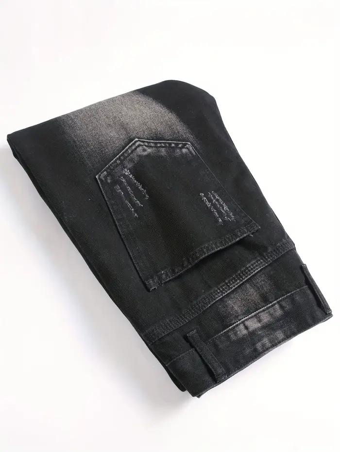 Streetwear tendance pour hommes : jean noir déchiré à jambe droite – un excellent cadeau pour les maris ou les petits amis.