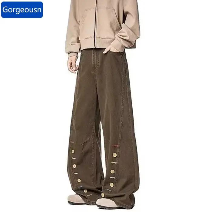 Jean Américain Rétro Marron Coupe Ample à Boutons pour Homme