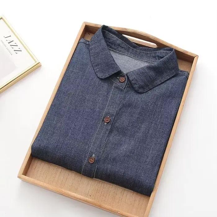 Chemisier en denim bleu uni pour femmes style japonais décontracté printemps automne occassions variées