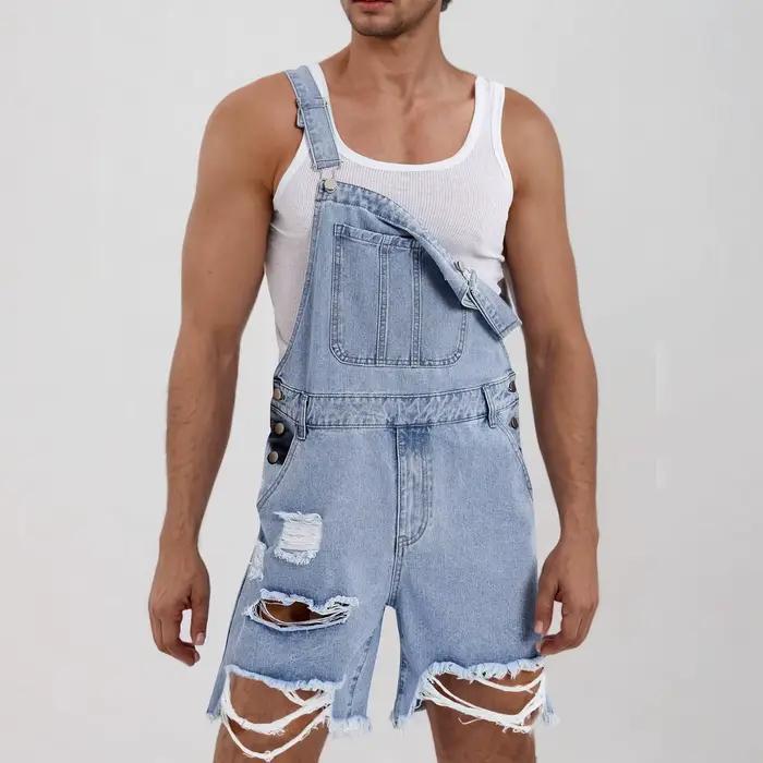 Mode trou déchiré jean hommes combinaison Denim Shorts été Vintage effiloché body salopette sangle pantalon court Streetwear mâle