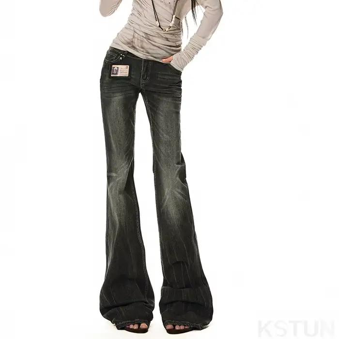 KSTUN épicé fille taille basse jean gris Stretch femmes mince pantalon évasé bureau dame cloche bas