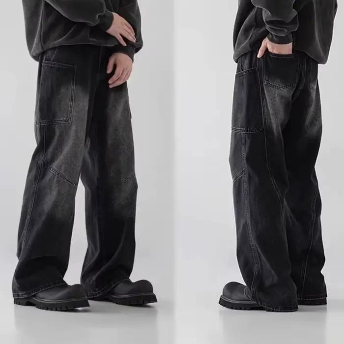 Style coréen grande poche vêtements de travail jean rétro bleu hommes Baggy