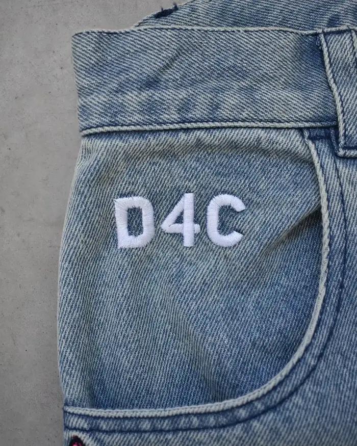Jean ample taille haute Y2K rose pour femme avec broderie cœur latérale