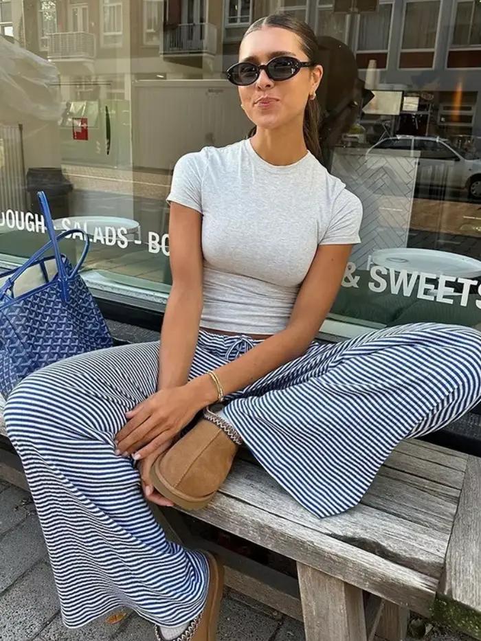 Pantalon rayé mode coréenne Streetwear femmes pantalons à lacets