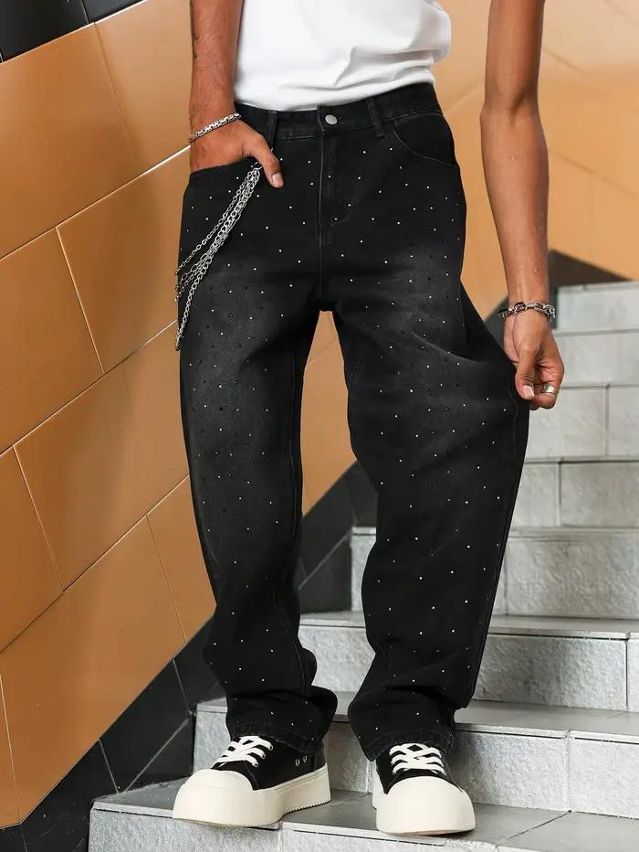 Pantalon large en denim noir pour homme avec strass