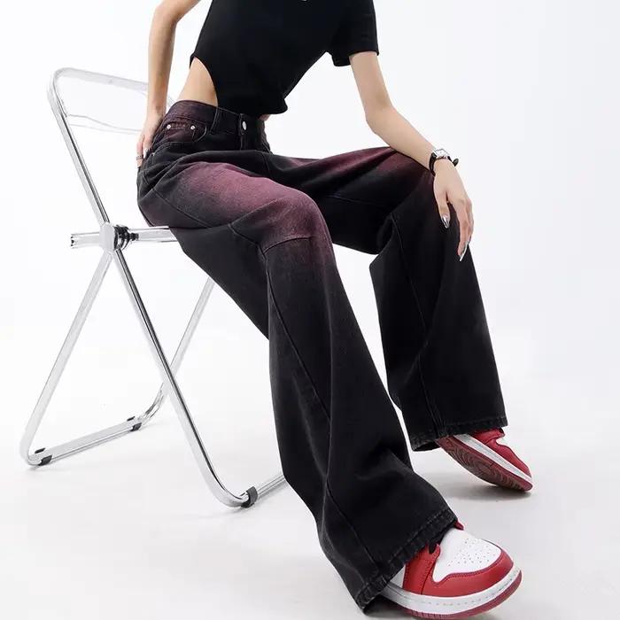 Jean rétro américain délavé coupe droite à jambe large pour femme – Nouvelle collection printemps-été