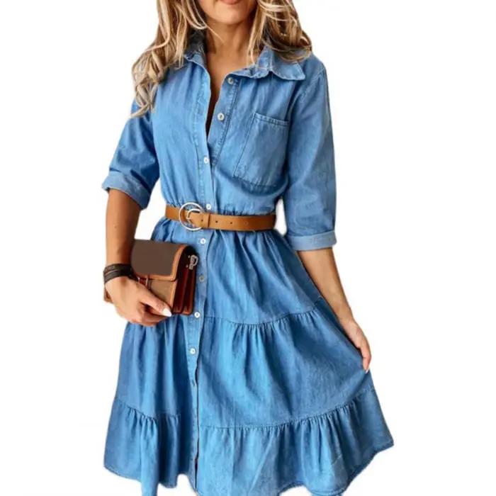 Robe en jean manches trois quarts avec ceinture col rabattu printemps automne boutons à volants robes