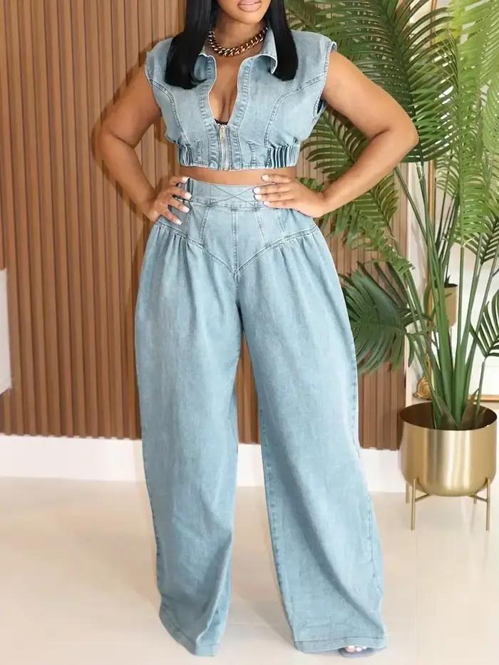 Streetwear Denim ensembles femmes 2 pièces tenue 2025 jean fermeture éclair col rabattu haut court et pantalon ample à