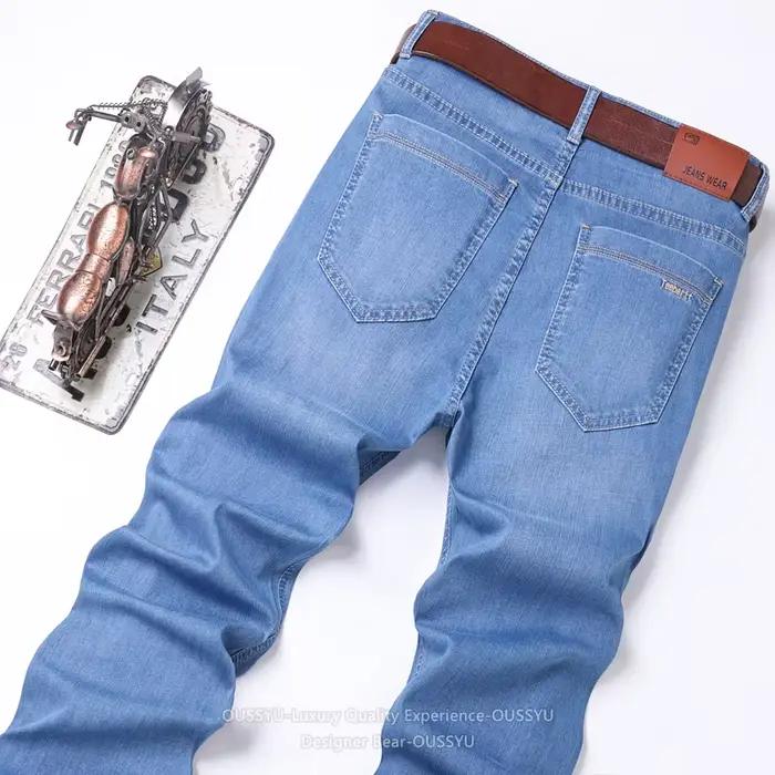 Nouveau Jean Homme Été 2026 Fin Respirant Bleu Clair Coton Coupe Slim Décontracté Pantalon de Travail Coréen Grande Taille 40
