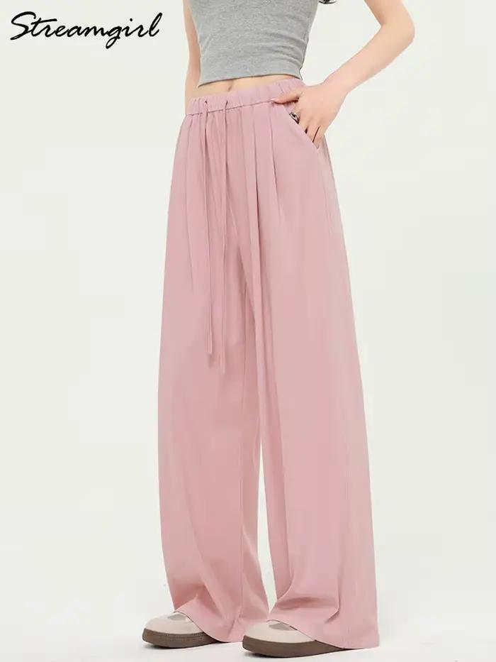 Été mince Lyocell jean femmes taille élastique glace soie jambe large Denim pantalon rose Baggy