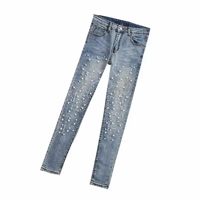 VWBQNZ perles clouées jean femmes printemps/été nouveau trou polyvalent rupture élastique maigre crayon pantalon femme
