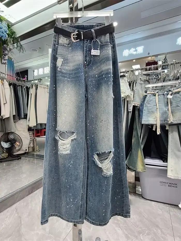 Jeans à trous cassés rétro américain pour femmes, taille haute, jambes larges, robustes et confortables pour diverses occasions