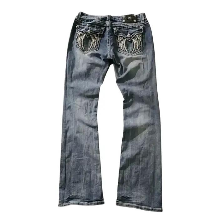 Jean Vintage des années 90 pour femme Y2K, Bleu, Style Décontracté, Broderie à Oreilles, Coupe Botte, Matériau Polyester, Occasions Spéciales