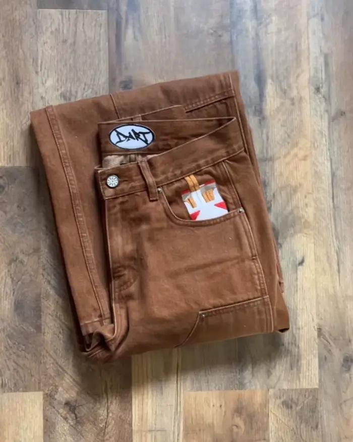 Streetwear Y2K Punk rétro gothique américain classique brodé jean hommes femmes marron