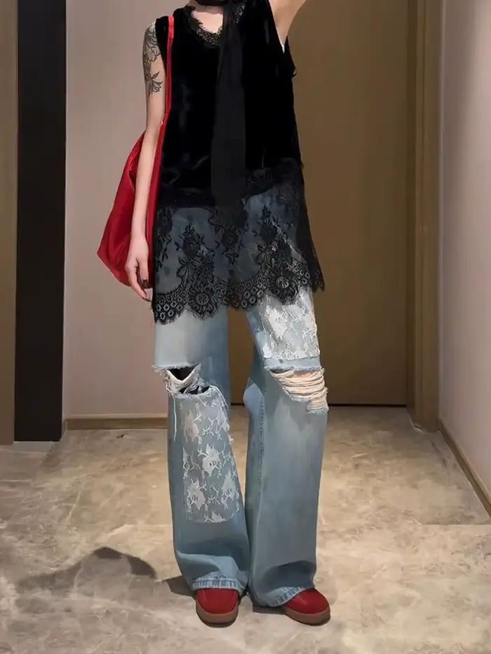 Nicemix été américain ample décontracté dentelle Patchwork déchiré jean pour femmes épicé fille rétro lavé taille haute jambe large pantalon