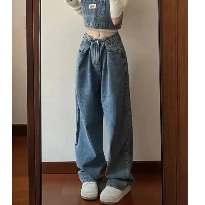 Jeans baggy taille haute en denim vintage pour femmes