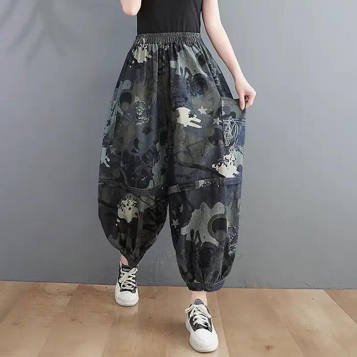 Jean denim vintage en coton imprimé pour femme, pantalon sarouel, taille élastique, style artistique, printemps 2022, ocassions spéciales