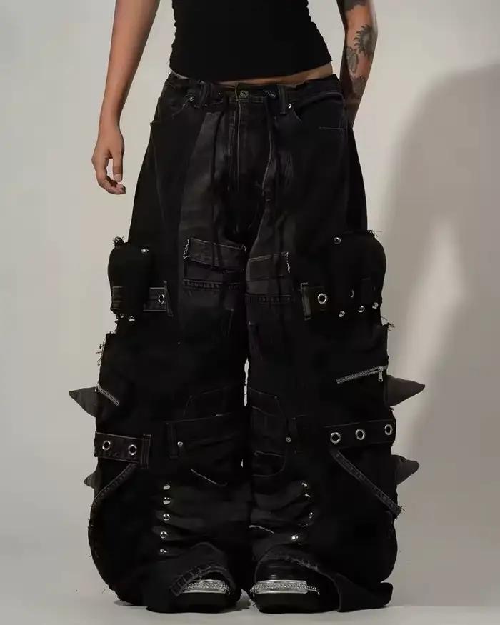 Pantalon en jean noir déchiré unisexe Y2K avec plusieurs poches cargo
