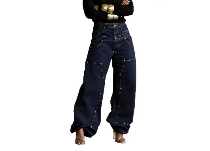 Nouveau jean décontracté tendance été 2026 avec double taille et empiècements cloutés