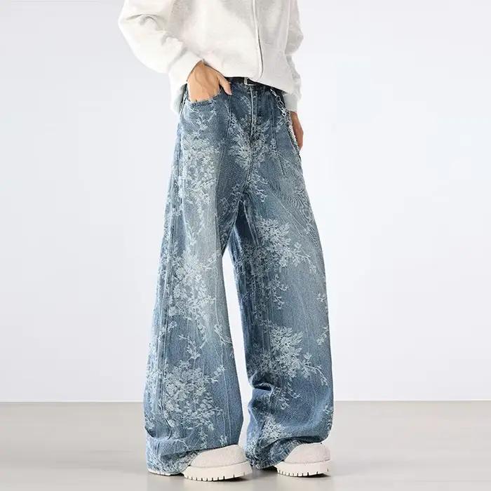 Jean brodé automne hiver nouveaux Styles pantalon ample à jambes larges rétro droit résistant à l'usure lavage à l'eau