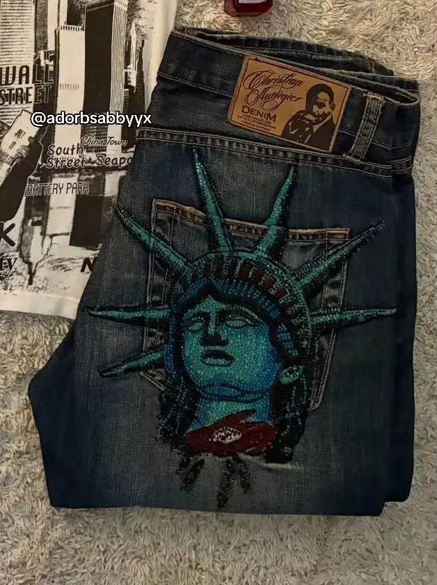 Vintage années 2000 Statue de la Liberté Jean Taille haute Baggy Pantalon