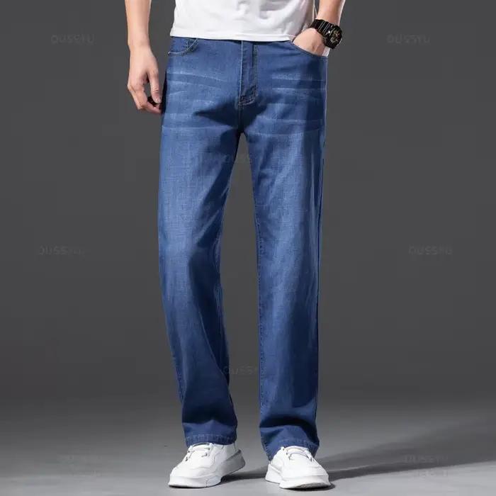 Hommes jean classique été Lyocell coton droit Stretch marque Denim pantalon salopette bleu clair ajustement