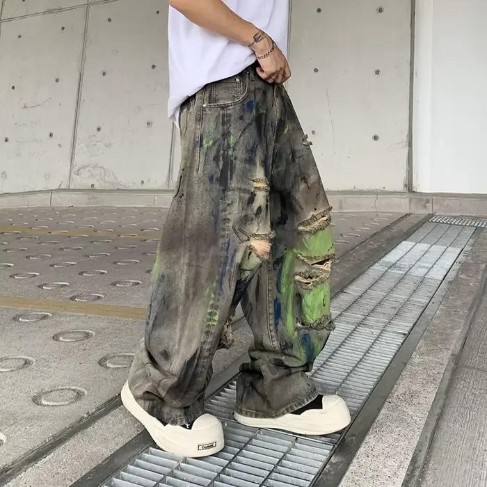 PFHQ 2026 Printemps Nouveau Jean déchiré tendance pour homme Coupe droite ample Lavé Décoration imprimée graffiti Mode Pantalon en denim 21P2102