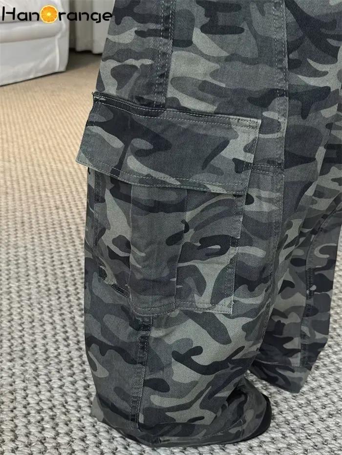 Début du printemps rétro Camouflage grande poche couteau incurvé jean femmes ample jambe large Denim pantalon Cargo
